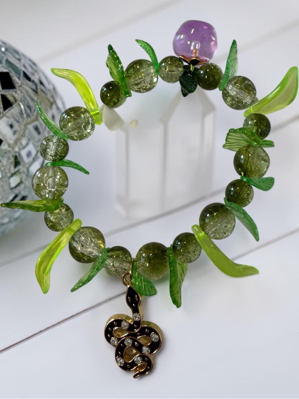 Green Glass Bead Snake Charm Stretch Bracelet